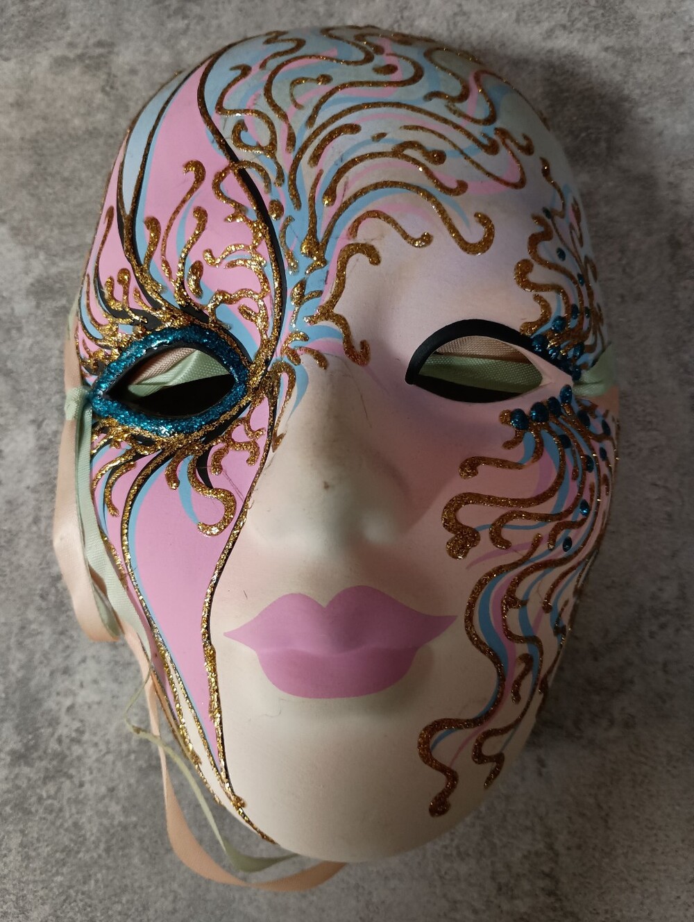 Hand Painted Decorative Venetian-Style Mask in Pastel Pink, Blue & Gold